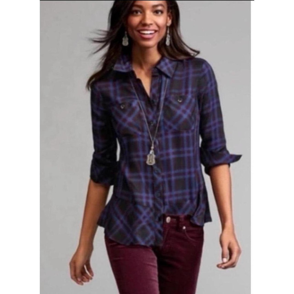 Womens Cabi Moody Plaid Peplum Button Down Casual Shirt.